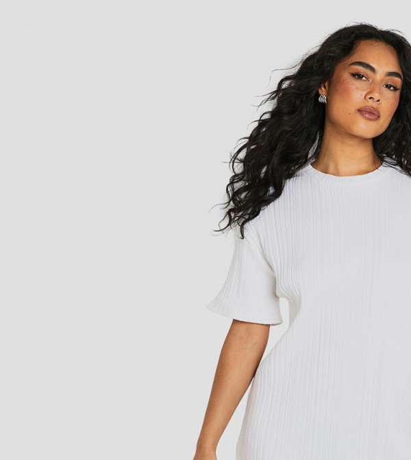 Ribbed Short Sleeves Mini T-Shirt Dress