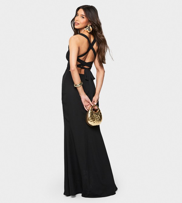 Chiffon Scarf Detail Lace Up Back Maxi Dress