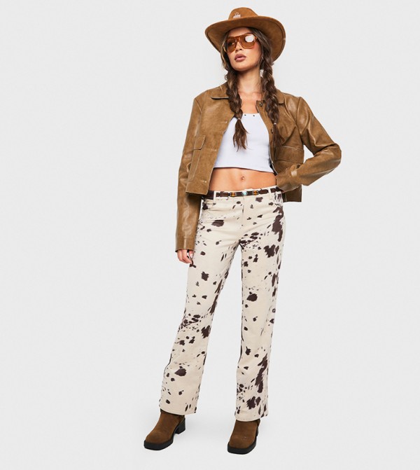 Faux Suede Cow Print Flare Trousers