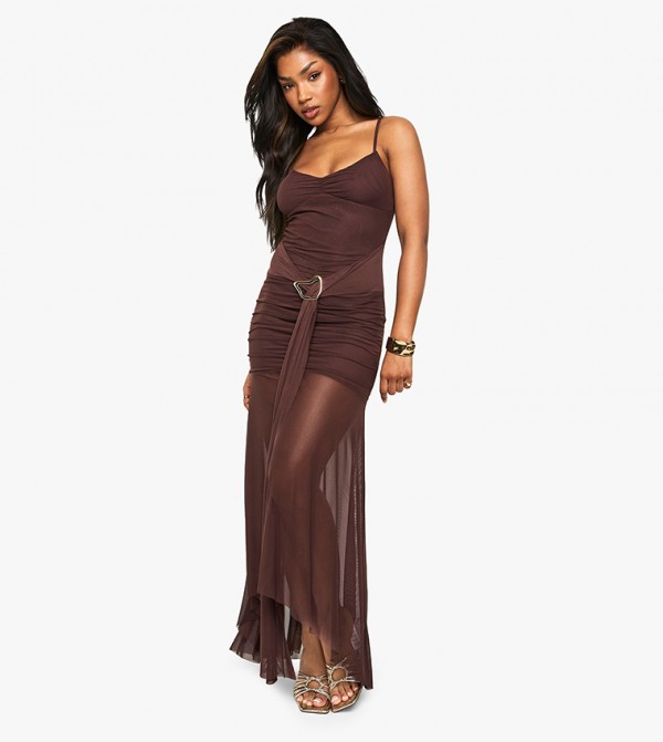 Ruched Mesh Drape Midaxi Dress
