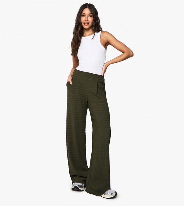 Textured Pleated Detail Wide Leg Trousers