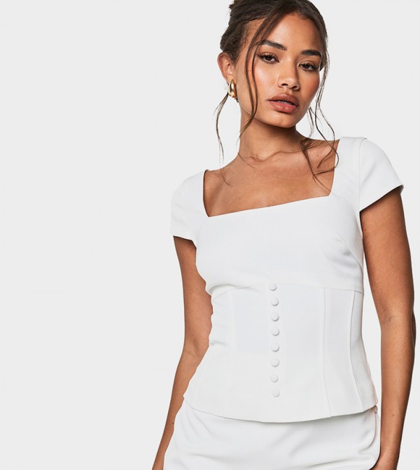 Solid Short Sleeves Button Detail Crop Top