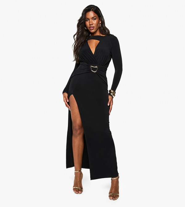 Plunge Gold Trim Maxi Dress
