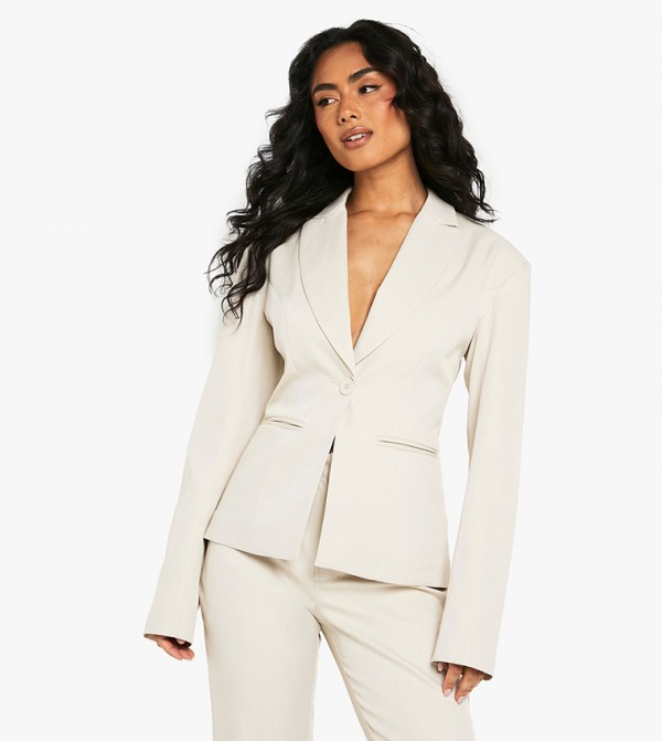 Shoulder Pad Cinched Waist Tailored Blazer