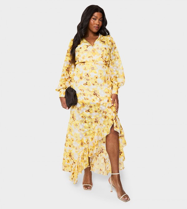 Curve Floral Patterned Ruffled Wrap Maxi Dress