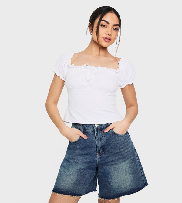 Frill Trim Puff Sleeves Milkmaid Crop Top