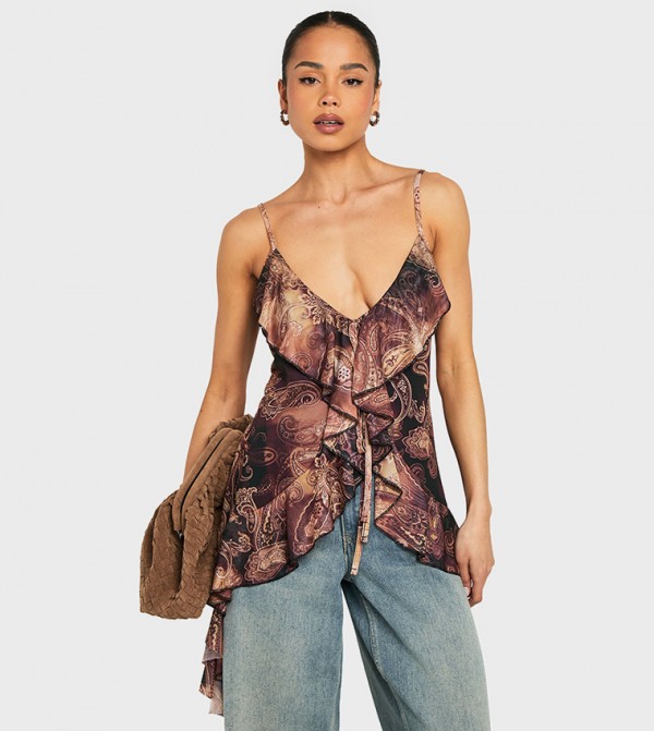 Printed Mesh Frill Detail Cami Top