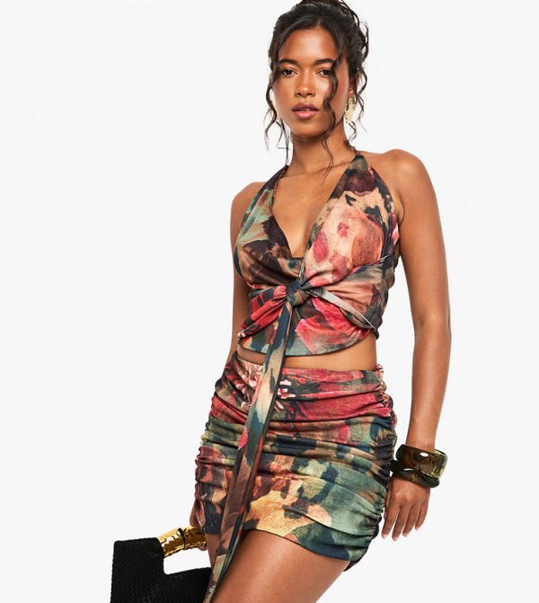 Printed Mesh Plunge Front Drape Top