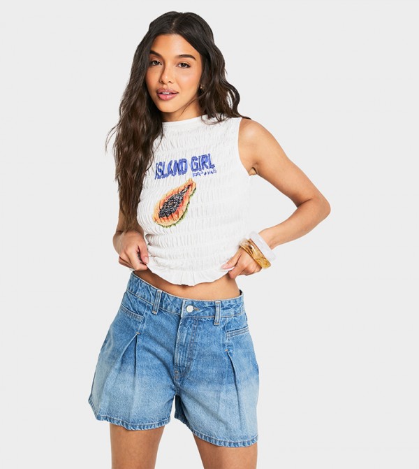 Washed Pleated Denim Shorts