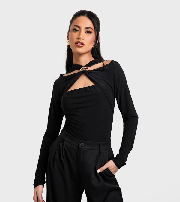 Double Layer Slinky Trim Detail Cut Out Bodysuit Top