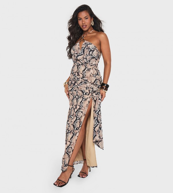 Chiffon Snake Print Halterneck Maxi Dress