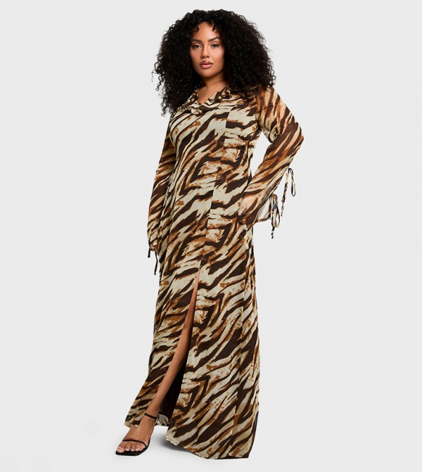 Curve Animal Print Long Sleeves Maxi Dress