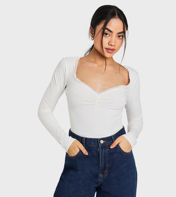 Lace Trim Ruched Bust Long Sleeves Top