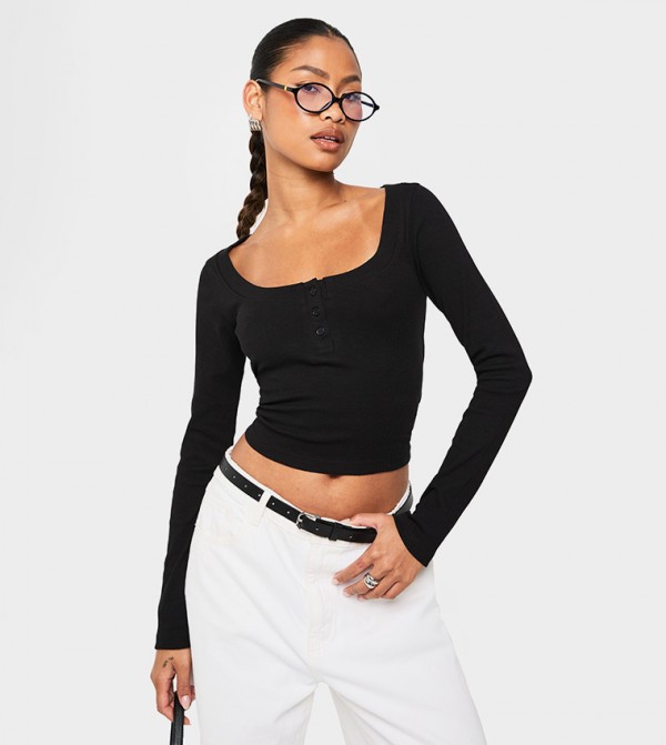 Ribbed Henley Neck Long Sleeves Crop Top