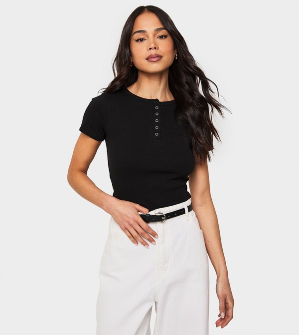 Ribbed Henley Neck Short Sleeves T-Shirt