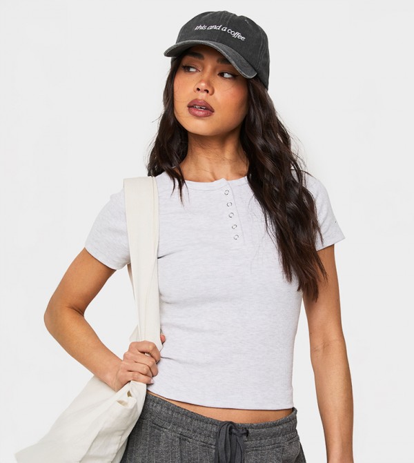 Ribbed Henley Neck Short Sleeves T-Shirt