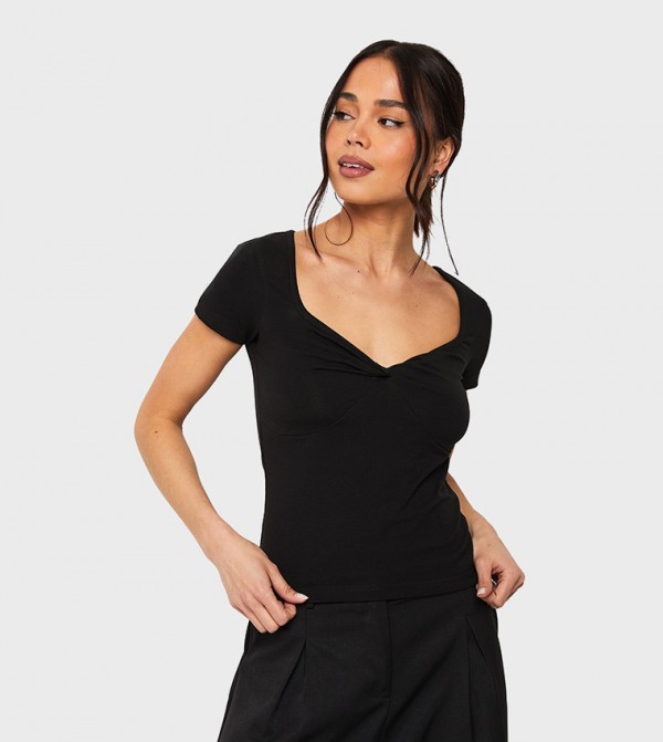 Twist Front Sweetheart Neckline Cap Sleeves Crop Top