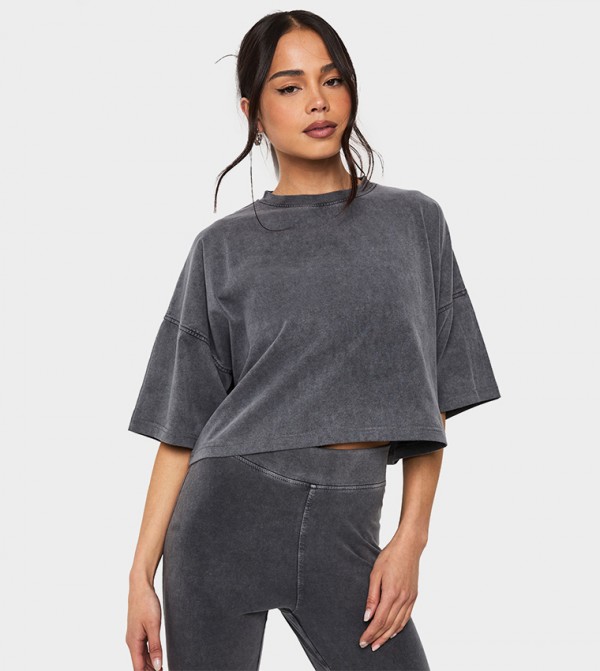 Acid Wash Crew Neck Boxy Crop T-Shirt