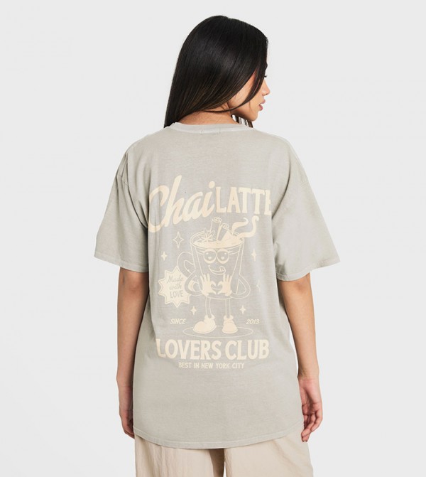 Chai Latte Lovers Club Print Oversized T-Shirt