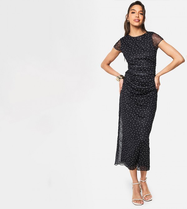 Polka Dots Short Sleeves Midaxi Dress