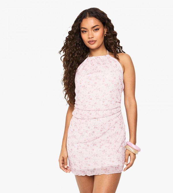 Ditsy Floral Tie Up Halter Mini Dress
