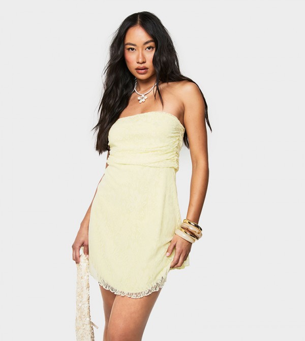 Lace Bandeau Ruched Side Mini Dress