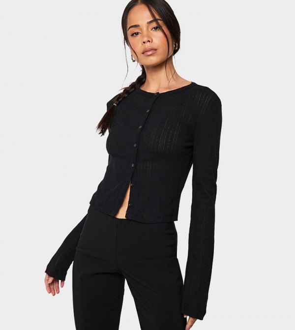 Pointelle Button Through Long Sleeves Knit Top