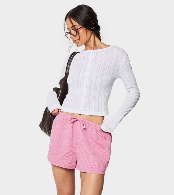 Pointelle Button Through Long Sleeves Knit Top