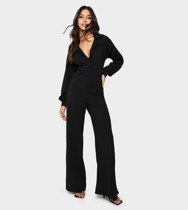 Crepe Balloon Sleeves Wrap Front Wide Leg Jumpsuit