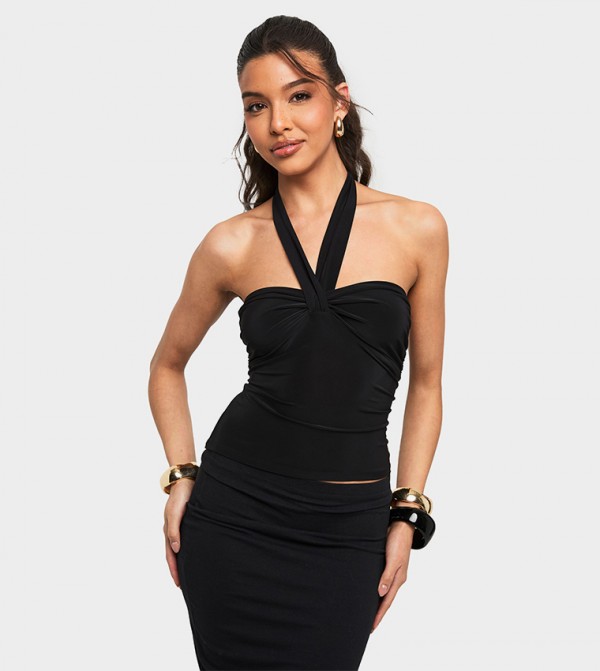 Double Layer Slinky Ruched Bust Halterneck Top