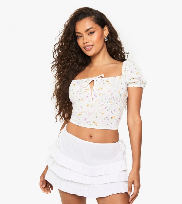 Ditsy Printed Jersey Tie Front Crop Top