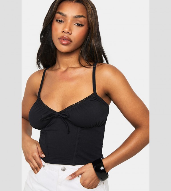 Cotton Lace Trim Tie Front Corset Top