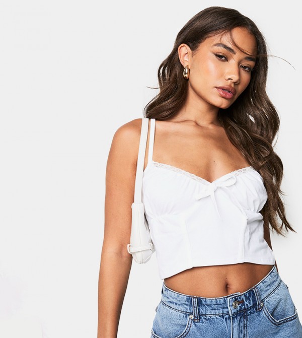 Cotton Lace Trim Tie Front Corset Crop Top