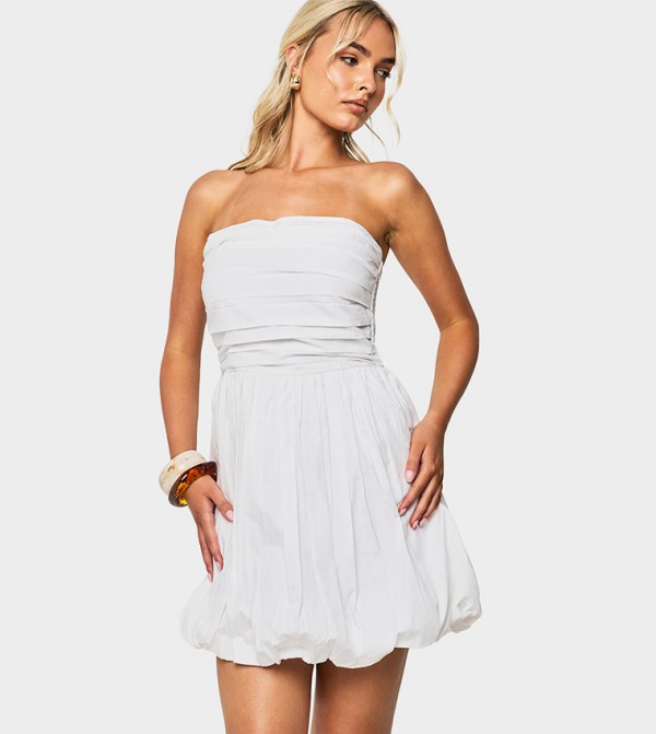 Poplin Bandeau Puffball Mini Dress