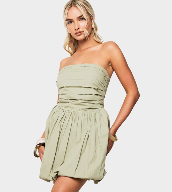 Cotton Poplin Bandeau Puffball Mini Dress