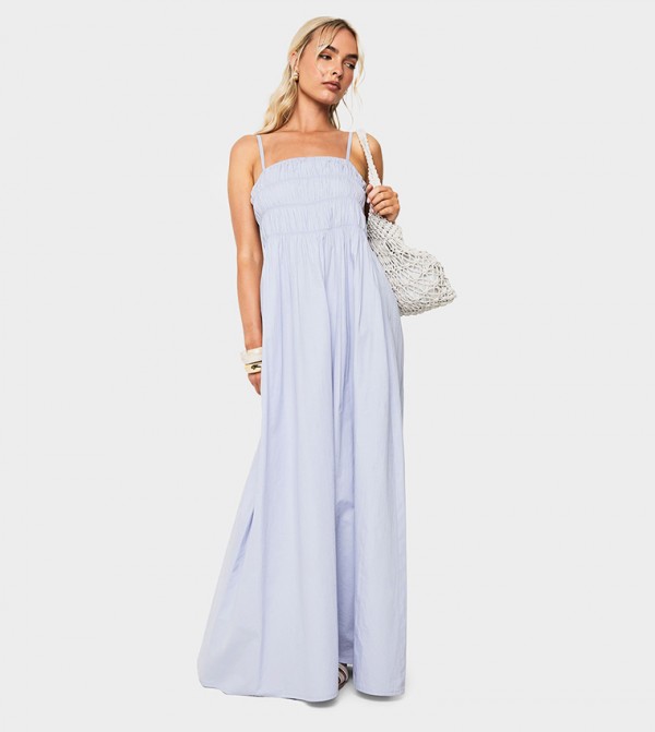 Poplin Shirred Strappy Maxi Dress