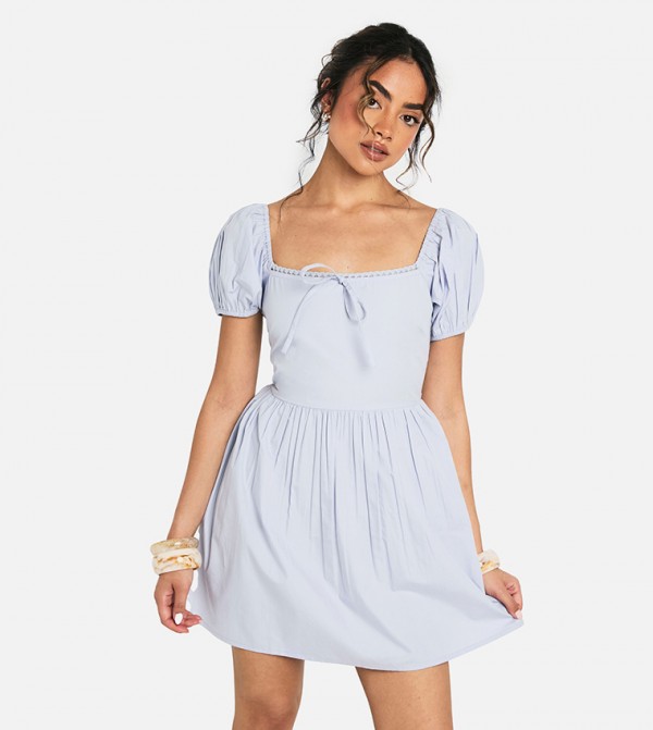 Bow Detail Puff Sleeves Mini Dress