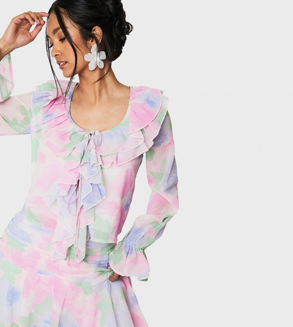 Floral Print Chiffon Ruffle Detail Top