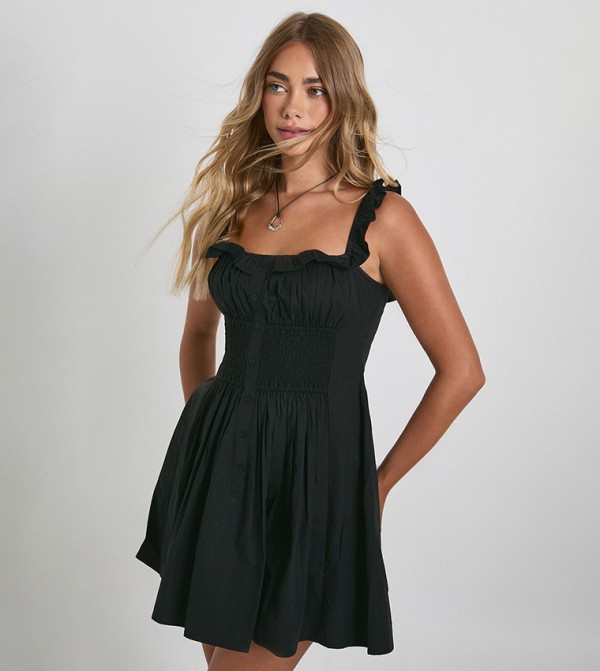 Poplin Shirred Button Down Mini Dress