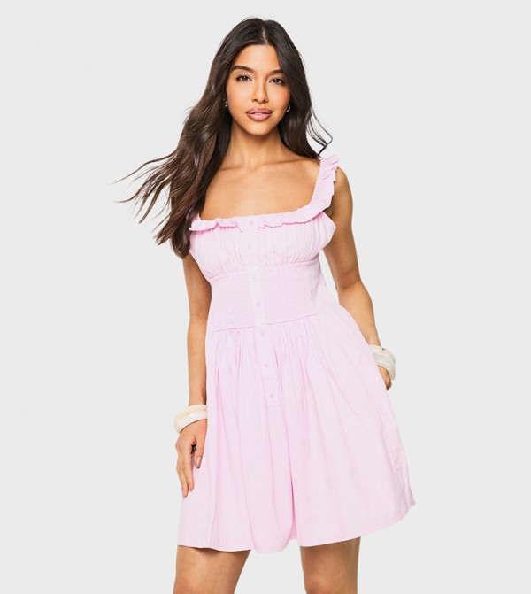 Poplin Shirred Button Down Mini Dress