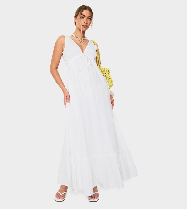 Poplin Ruched Tiered Sleeveless Maxi Dress