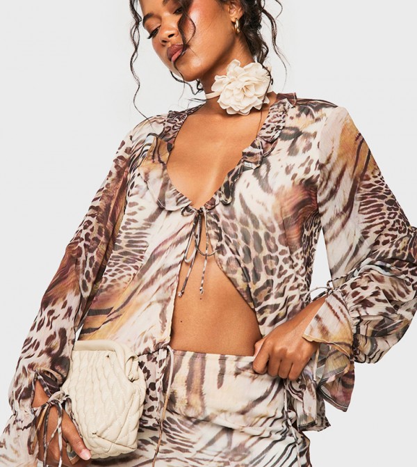 Animal Print Chiffon Ruffle Top