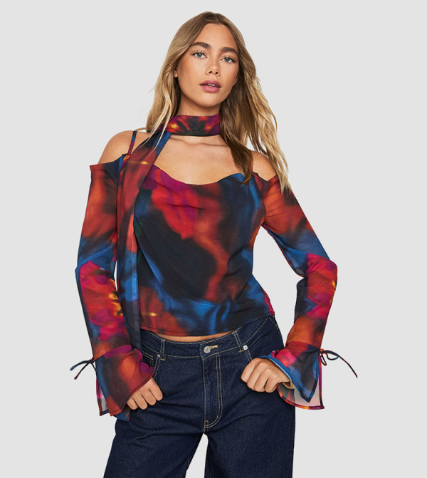 Abstract Floral Chiffon Cowl Neck Scarf Top