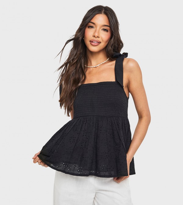Broderie Shirred Peplum Cami Top