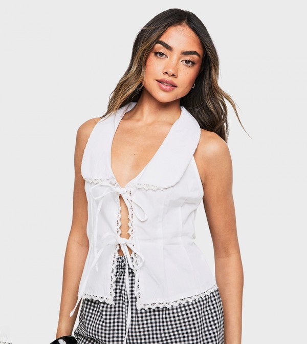 Poplin Collar Lace Detail Sleeveless Top