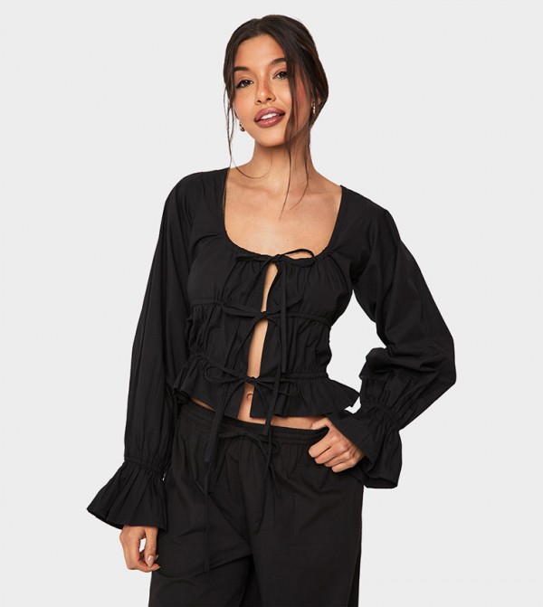 Tie Front Long Sleeves Top
