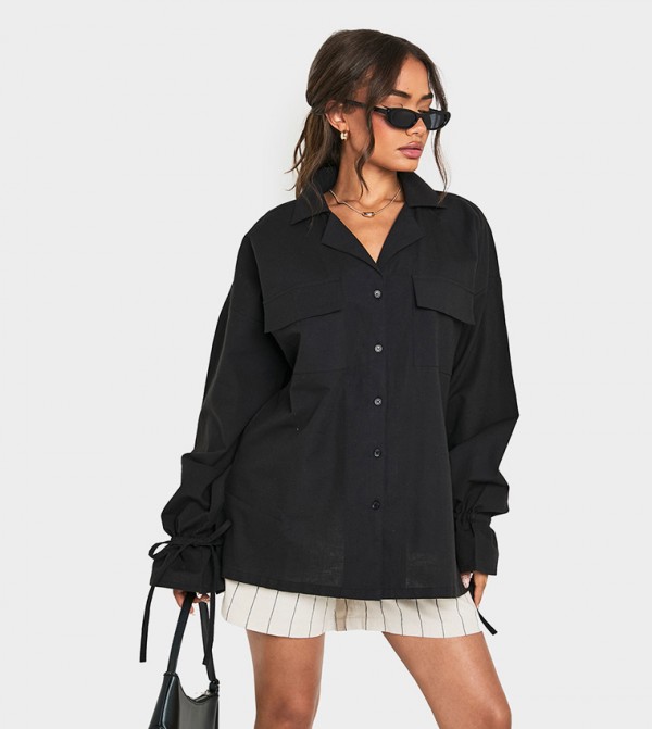Linen Tie Cuff Oversized Shirt