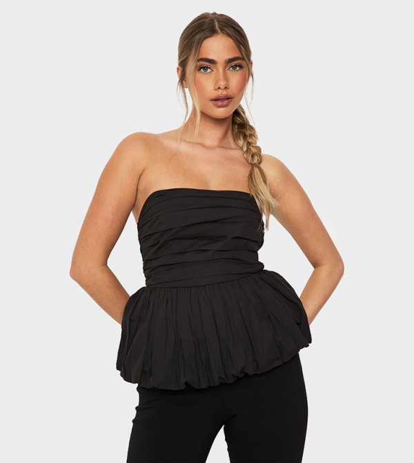 Draped Cotton Poplin Puffball Bandeau Top