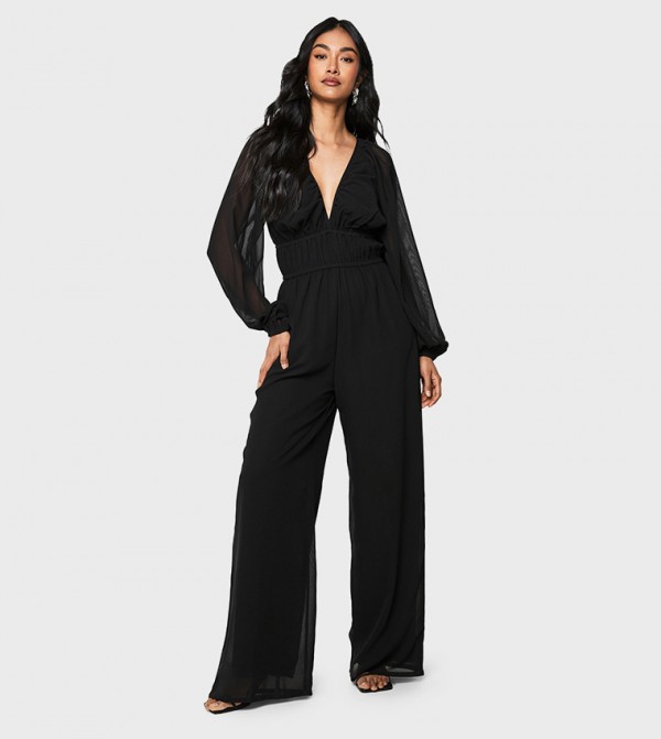 Chiffon V-Neck Ruched Wide Leg Jumpsuit