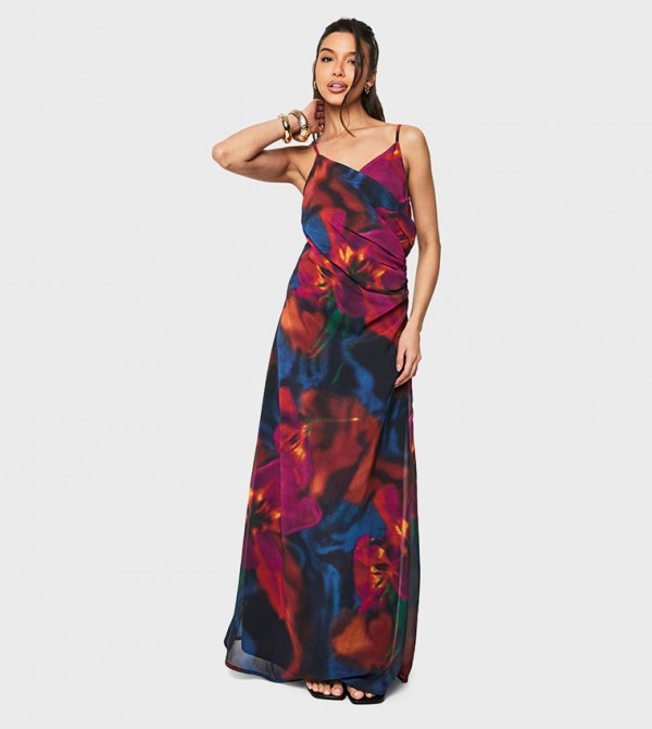 Floral Chiffon Ruched Side Maxi Dress